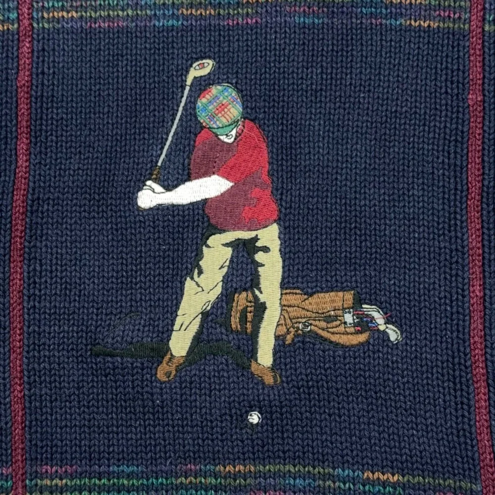 Vtg Gant Mens XL Navy Blue Cotton Golfer Embroidered‎ Knit Sweater Hand Framed